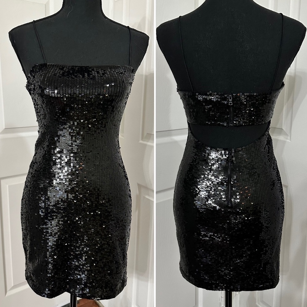 Alice and Olivia Black Sequin Cut Out Mini Dress